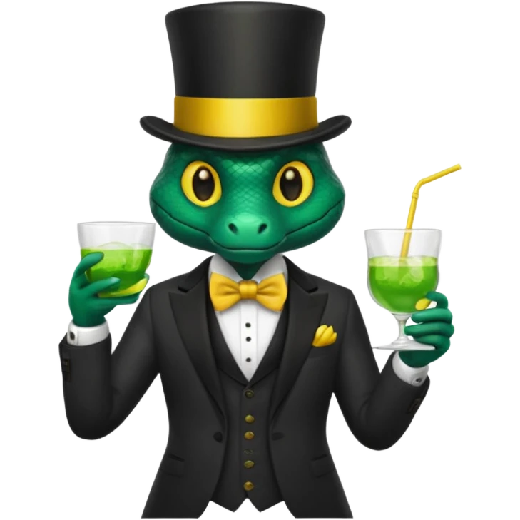 snake wearing suit, bowtie and top hat, holding a glass of green drink emoji