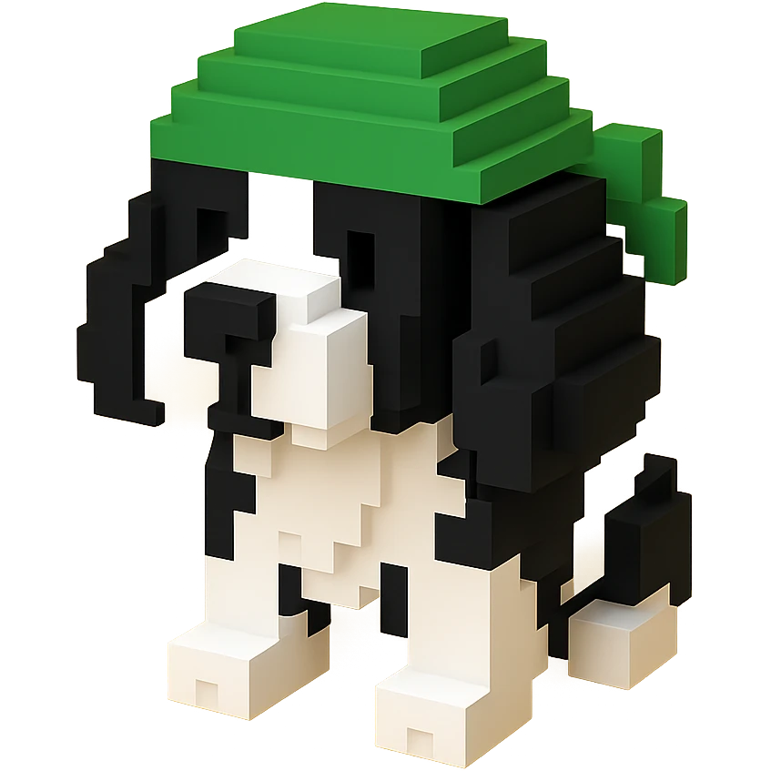 A black and white Russian Cocker Spaniel puppy wearing a green durag, voxel style, facing forward emoji