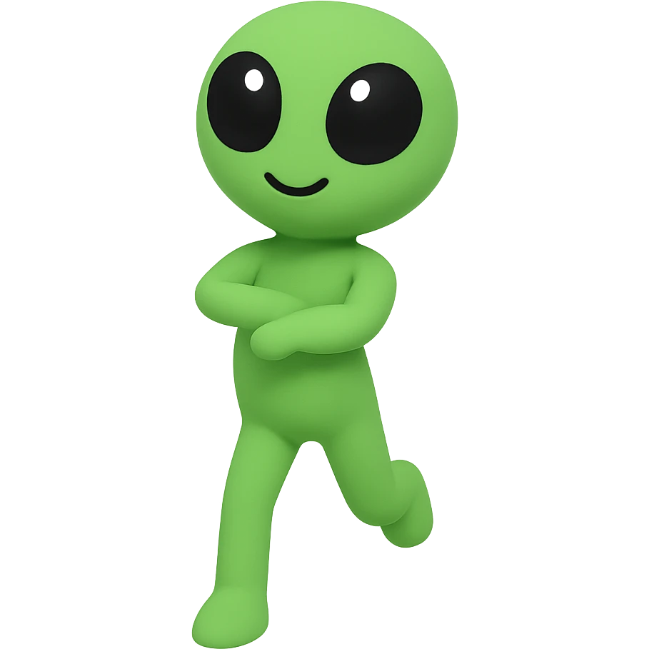 Create a neon green alien dancing, almost identical to the reference image, with minimal changes in the positions of arms and legs, looking straight ahead. This is frame 19 of the animation. PNG with transparent background. emoji