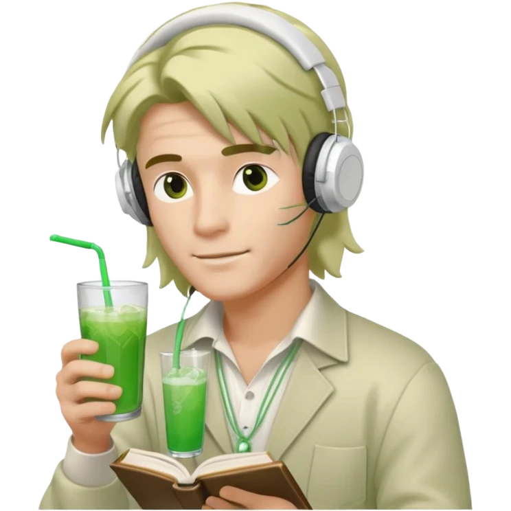 Male with mullet with white string wired headphones, a green drink, reading a book emoji