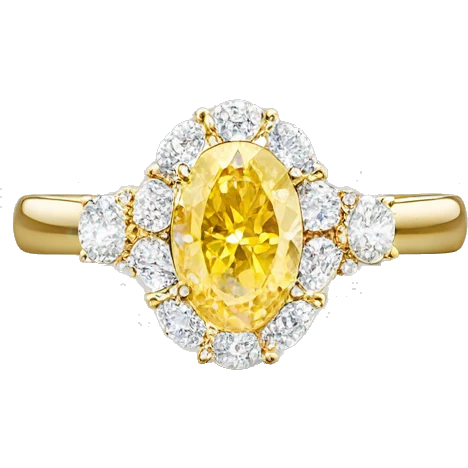 “Yellow oval diamond ring with a white diamond halo on a gold band, elegant and detailed.” emoji