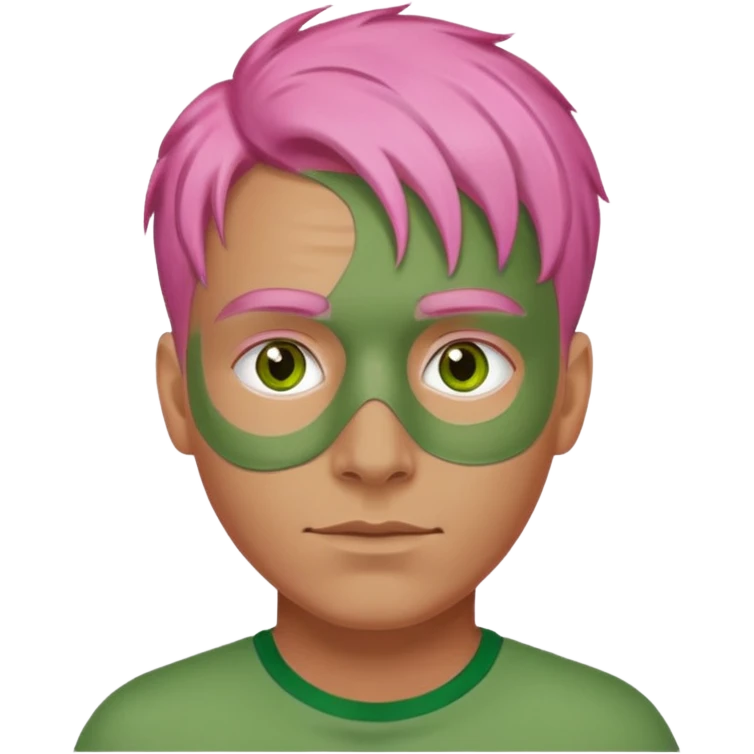 pink haired man with full full face green clay mask emoji
