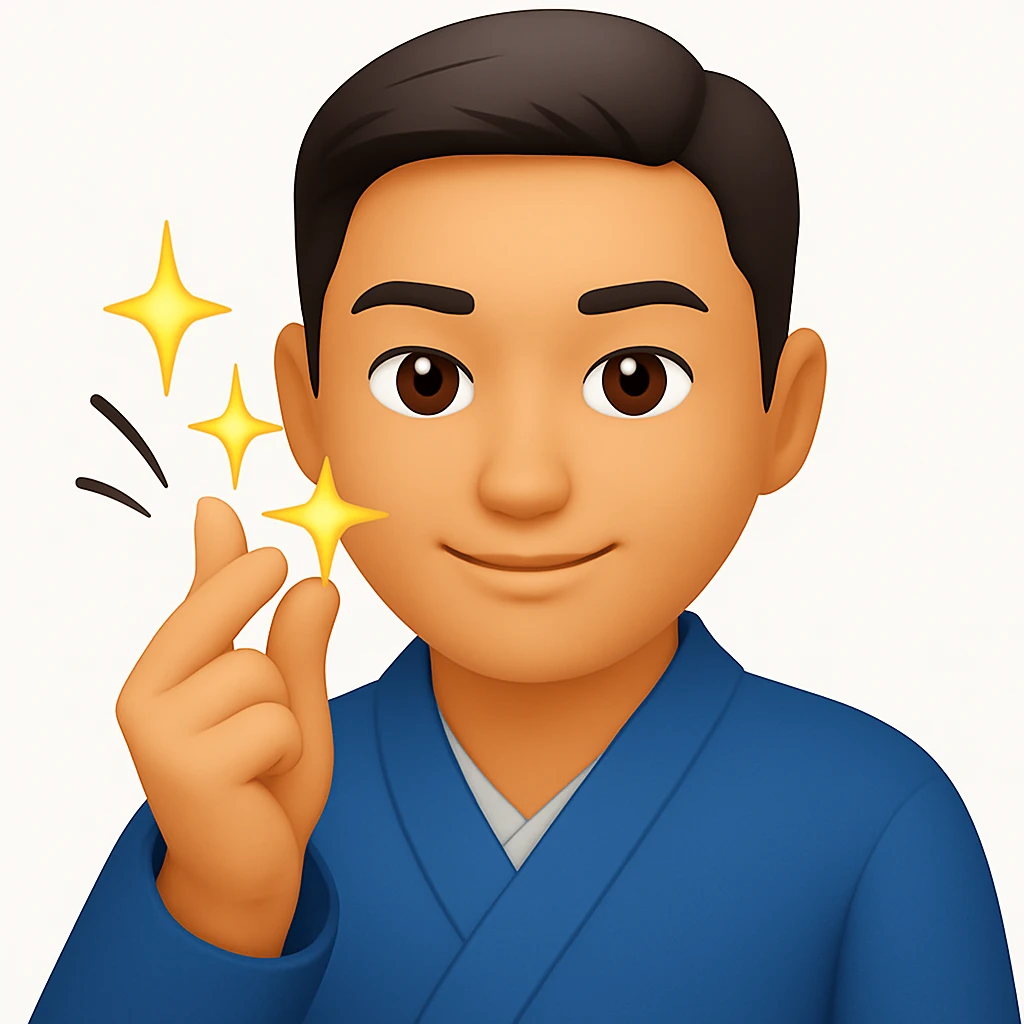 Change the man's jacket to a blue color, keep the dynamic finger snap motion and emoji style emoji