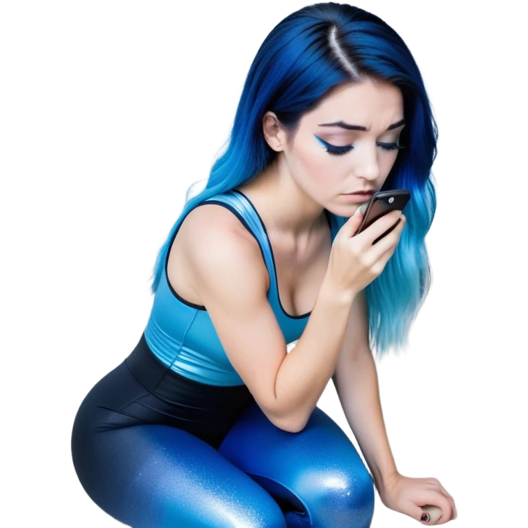 Disapponted-big tears-head back texting on phone-very very large upper body-sexy face-bending forward at waist-very long very straight dark blue to light blue ombre hair-and-blue eyes-thick black eyeliner-long eyelashes-iridescent blue lowcut tanktop with black leggings with glitter superman logo emoji