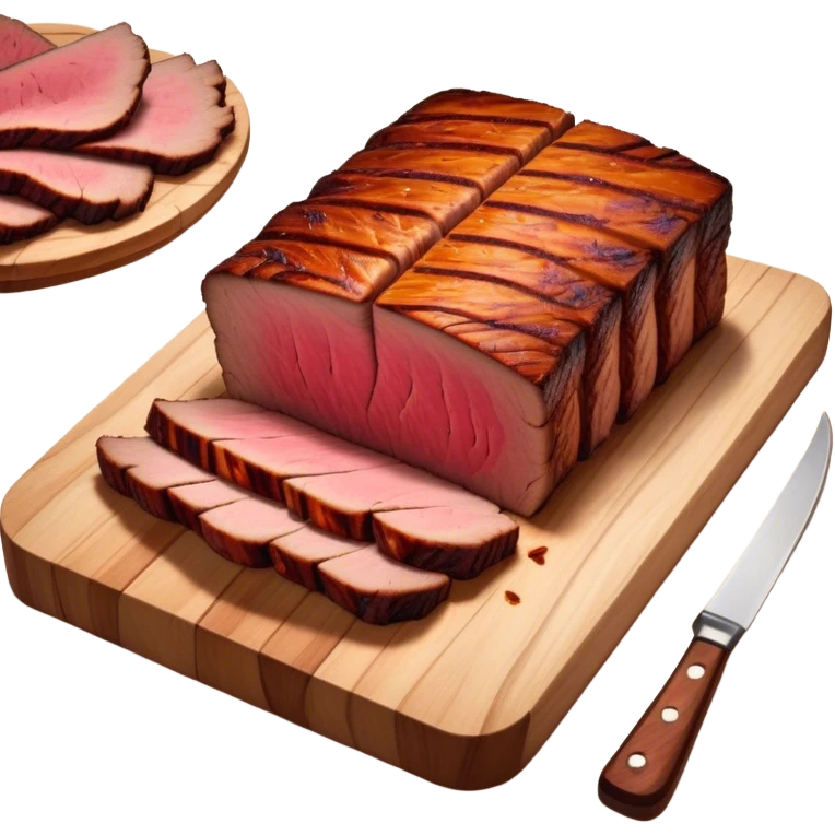 Cinematic smoked brisket, deep mahogany crust, perfectly sliced to reveal juicy marbled meat, warm smoky aroma, served on a wooden board, rich and flavorful, ultra-detailed and appetizing. emoji