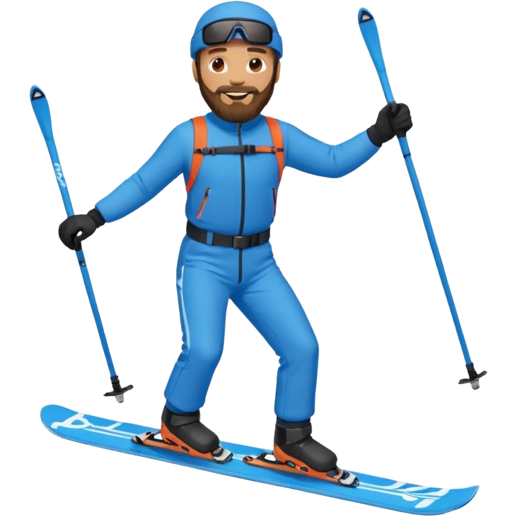 bearded man skiing, blue outfit, smiling. full body view emoji