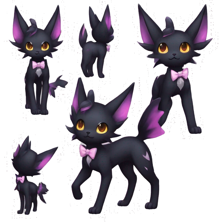 Shiny Dark Cool Edgy Black beautiful ethereal fantasy Kawaii Sona Umbreon-Noibat-Litten-Fakemon-cat-animal with edgy bat-ears bow tie black emo-mane vtuber model Full Body emoji