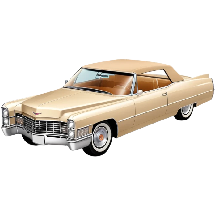 Extremely minimalist beige 1966 Cadillac DeVille, bare essential details, simple geometric shapes, 30-degree angle, Once Upon a Hollywood inspired, iOS emoji style emoji