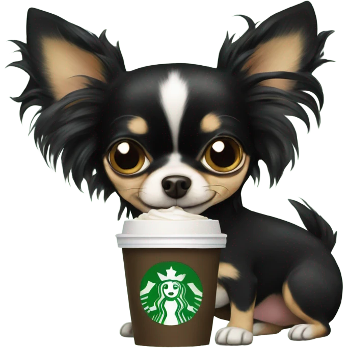 Black long hair chihuahua with Starbucks  emoji