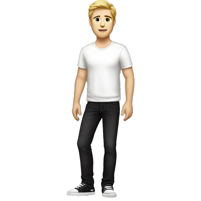 a white guy in his 20s with black jeans and a white shirt with a black side view sedan behind him emoji