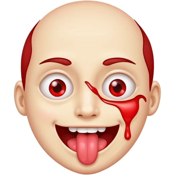 Spilt glue on their face but is happy and smiling with their tongue out but their eyes are red emoji