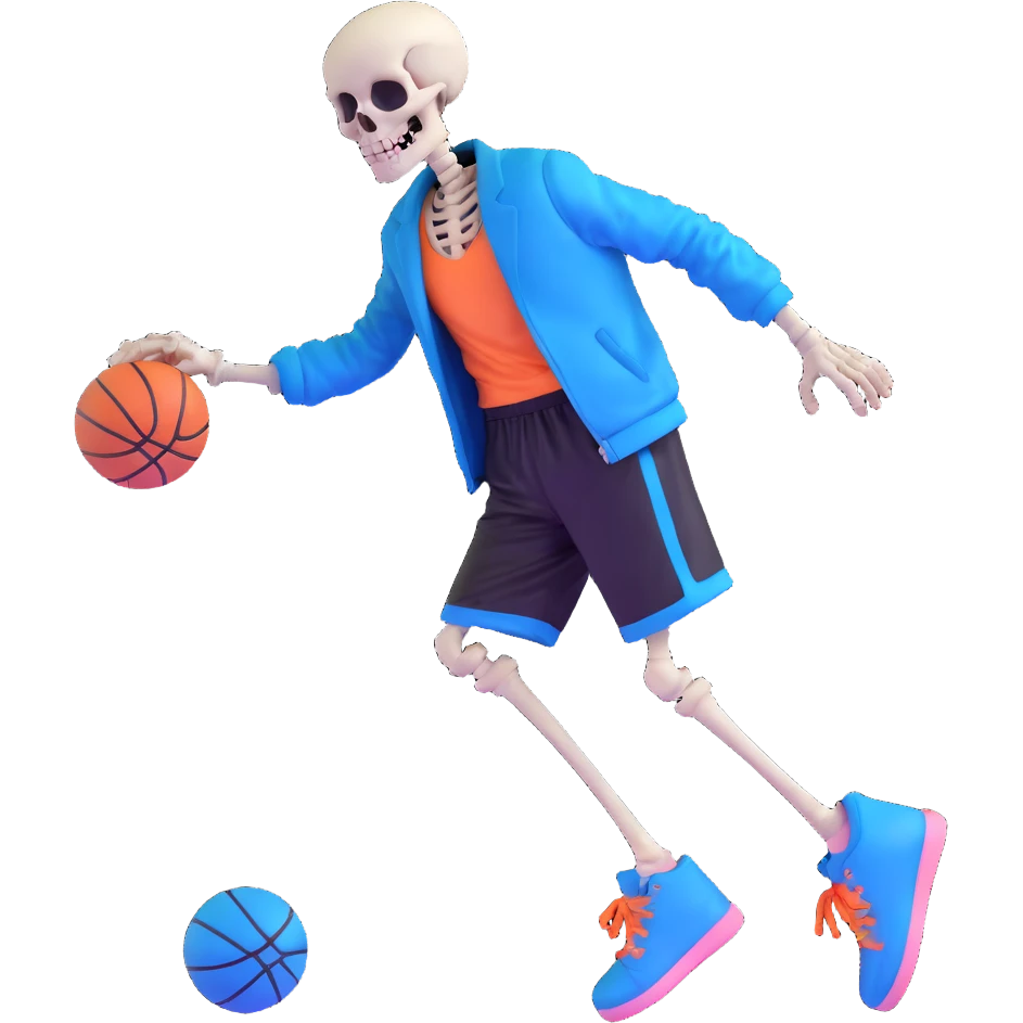 short skeleton with blue jacket, black basketball shorts, light pink slippers, blue glowing left eye emoji
