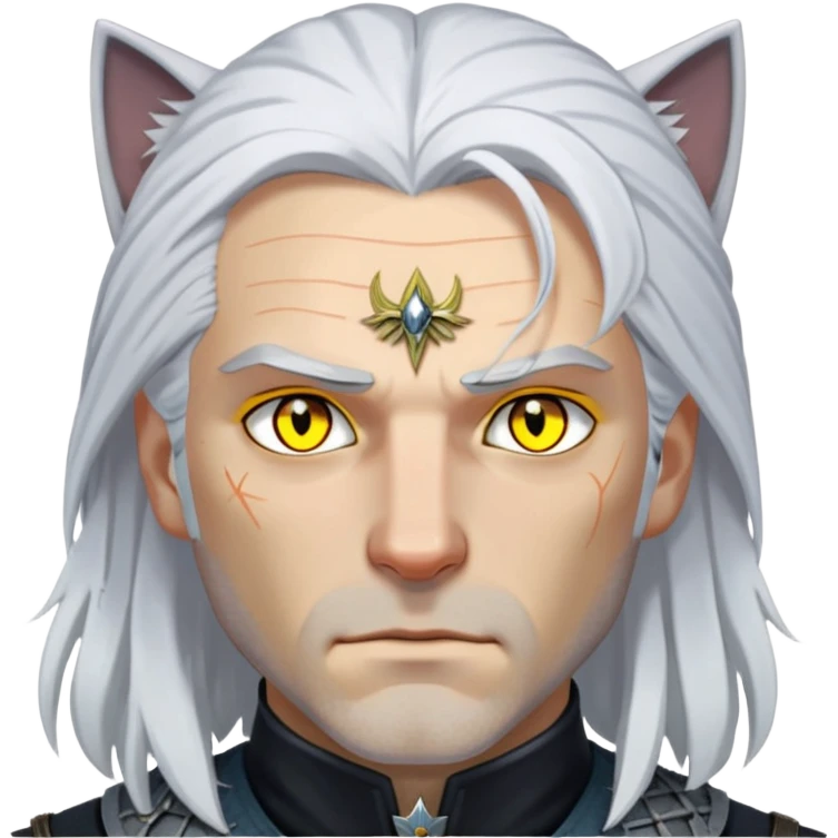 Geralt of Rivia with white hair, yellow cat eyes, and witcher medallion emoji