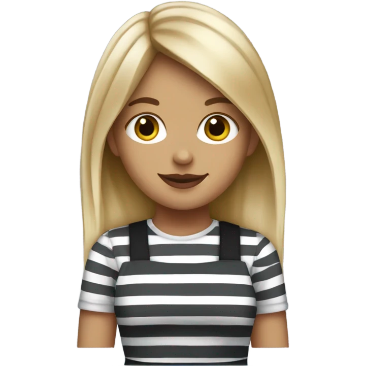 blonde girl with curtain bangs wearing a starbucks apron and a black and gray striped shirt emoji