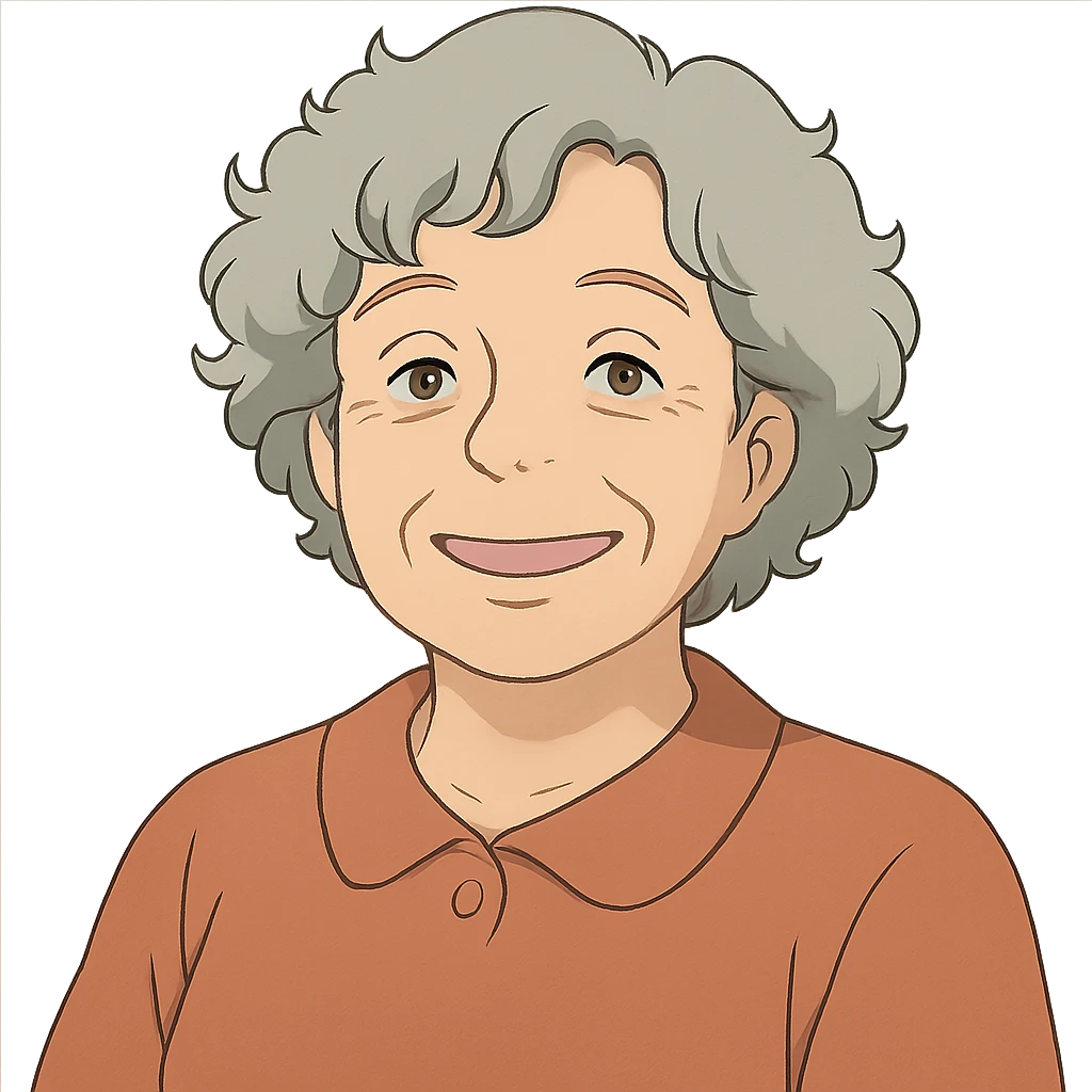 ghibli style smiling 50 year old lady with silver curly hair emoji
