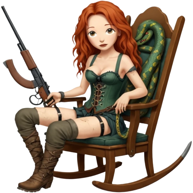 cinematic realistic ultra HD very old and tired Tori Amos casually crouches on a rocking chair in a torn corset, holding a double-barreled rifle and with muddy feet. a big snake wrapped itself around the chair emoji