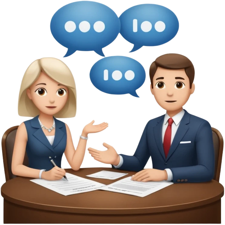 Two people sitting at a table with a large contract or paper between them and speech bubbles above, symbolizing negotiation and agreement signing. emoji