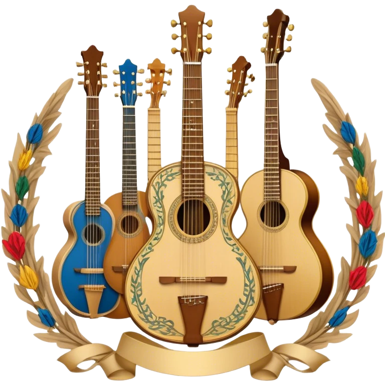 Create a complex, ceremonial, and professional emoji resembling a coat of arms, symbolizing plucked string instruments. The design should feature a combination of elements such as the necks and fretboards of various plucked string instruments like guitars, harps, and mandolins. The strings should be clearly visible, and the frets should be detailed. Intertwining with the instruments, there should be a flowing ribbon of musical notes, curving elegantly around the instruments and connecting them. The colors should include golden metallic tones, warm wood finishes, and silver accents to emphasize the professional and festive nature of the design. The background should be regal, using subtle textures or patterns to give a sense of grandeur, while keeping the instruments and notes as the focal point. The design should evoke a sense of celebration and sophistication, reflecting the rich tradition of plucked string instruments. emoji