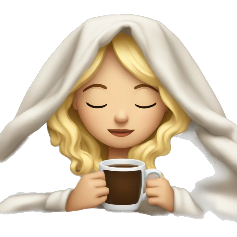 Blonde girl inside a blanket sipping coffee eyes closed emoji