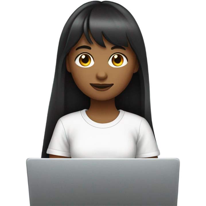 girl with long dark straight hair and bangs, fair skin, working with a laptop (she is a marketer). wearing a white oversized t-shirt emoji