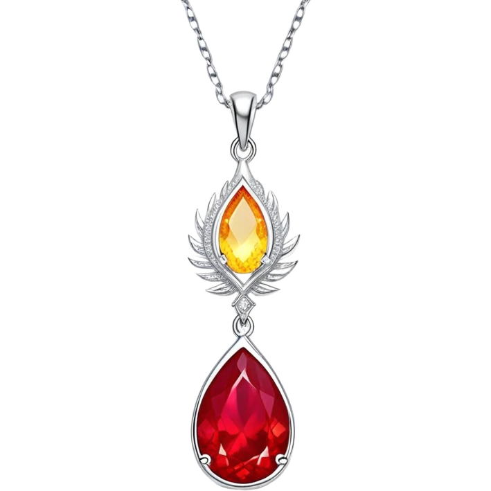 close-up teardrop ruby pendant with fiery light, yellow glow, tiny phoenix feather, shimmering white stones, silver chain emoji