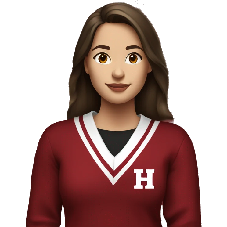 A brunette girl wearing a crimson and white sweater with the  black crimson and white Harvard university logo on it emoji