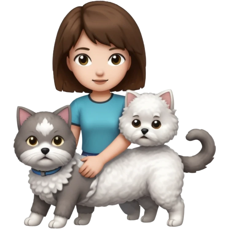 A grey cat standing on the back of a white bichon frisør dog, with a girl with short brown hair sitting beside playing Minecraft emoji