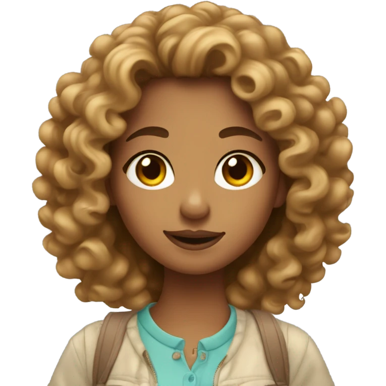 Girl with tan skin and curly hair taking a selfie emoji