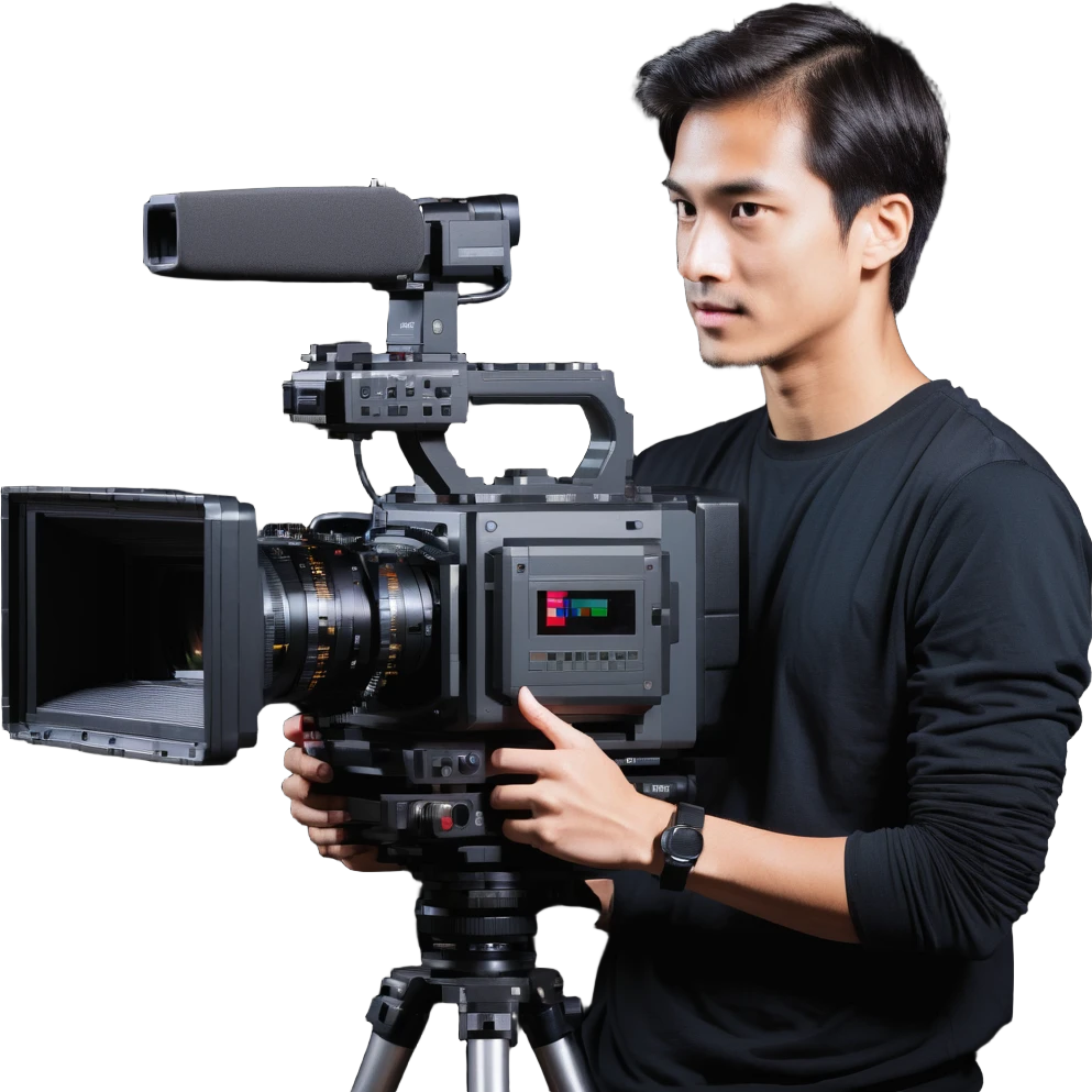 cinéaste de profil ou 3/4 tenant une vraie caméra broadcast professionnelle, œil dans l’œilleton, cadrant devant lui, plan taille à tête emoji