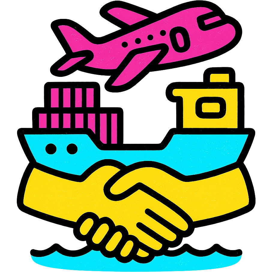 A bright and cheerful icon of a cargo ship and airplane symbolizing global partnership emoji