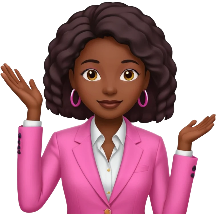 Darkskin black woman wearing a pink suit with a silk press emoji