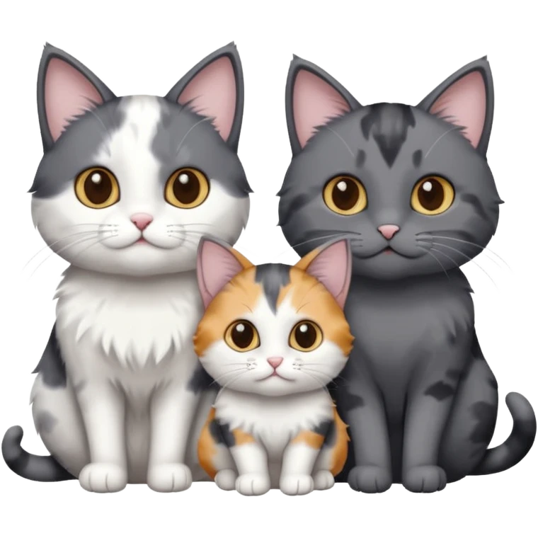 3 different coloured small cats including a dark grey and white, and a patchy calico and a completely solid dark grey with only white paws emoji