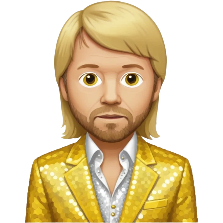 Björn Ulvaeus from ABBA with long dark blonde hair, yellow sequin shirt, white sequin suit jacket emoji