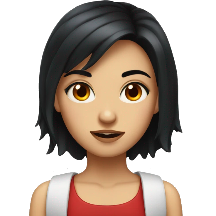 a girl with black hair and red eyes with wavey hair and mad emoji
