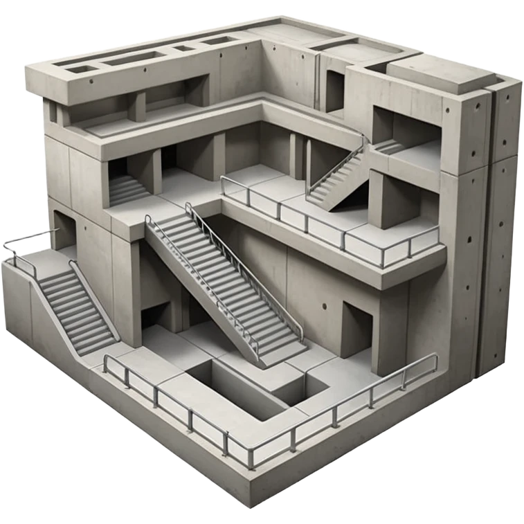 Cutaway view showing underground structure. Concrete walls, rectangular station box, visible staircases going down, platform edges, smooth geometry. No people, no text. Apple-style design emoji