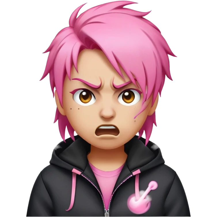 angry emoji with steam coming out of nose, pink hair, wearing black Nike jacket, wheatish skin tone emoji