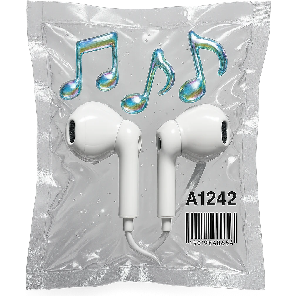pair of white EarPods with three floating iridescent glass music notes, shiny and puffy, vacuum-sealed style emoji