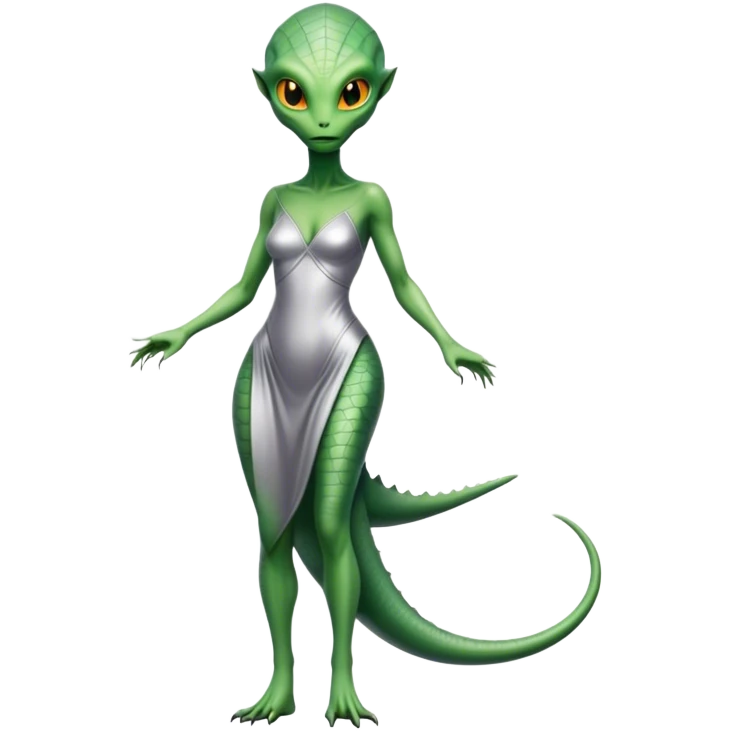 Green Alien reptilian woman without a tail, in silver dress, full figure, yellow eyes emoji