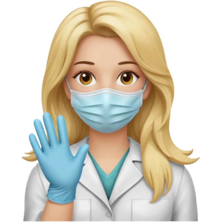 enfermera rubia con pelo largo, con mascarilla y guantes que aperezcan las dos manos emoji