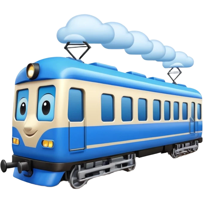 A 3D cartoon passenger train with blue carriages and visible windows, moving through countryside, Memoji-style. emoji