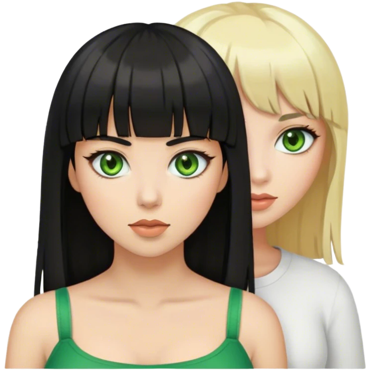 Black Hair woman with bangs and brown eyes with blonde hair woman with green eyes both white skin emoji