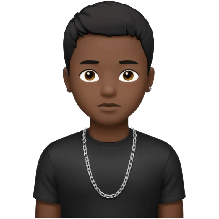Generate a emoji of a black boy with dark skin, wearing a black compressed T-shirt, with short 4C black hair and make him wearing a silver chain, and make the chain thin emoji