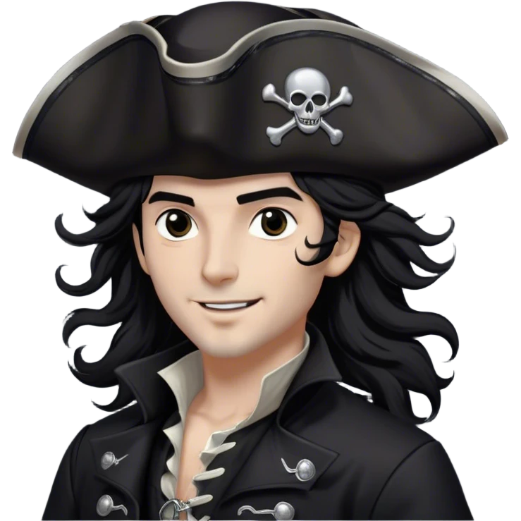 A charismatic pirate with wavy black hair tousled by the breeze. His silver-embroidered tricorn hat casts a shadow. Dark eyes glint with mischief as he looks to the side, a knowing smile on his lips. His black coat, adorned with silver buttons, shifts with the wind emoji