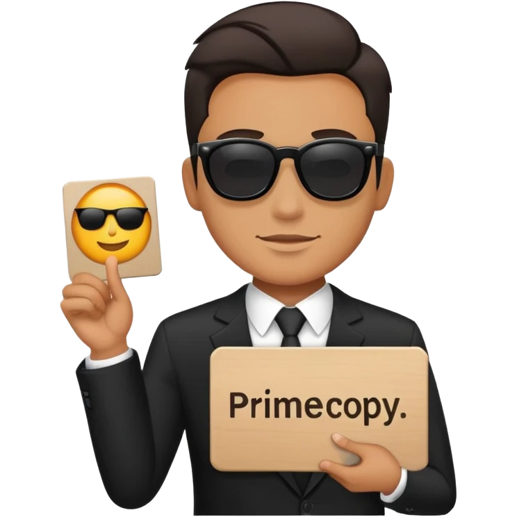 A man in a black suit and black sunglasses holds a sign that says PrimeCopy emoji