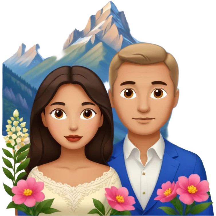 Couple traveling in Montenegro russian man and elegant  Latina girl delicate flowers and mountains in the background  emoji