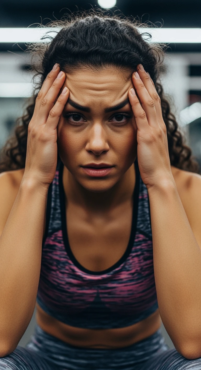 DONNA FITNESS STRESSATA CHE SI TIENE LE MANI SULLA FRONTE, IPERREALISTICA 4K emoji