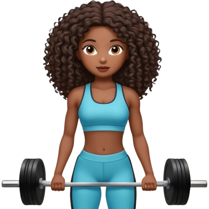 Uma boneca morena escura com olhos castanhos e cabelo cacheado longo até o peito, treinando Gym malhando emoji