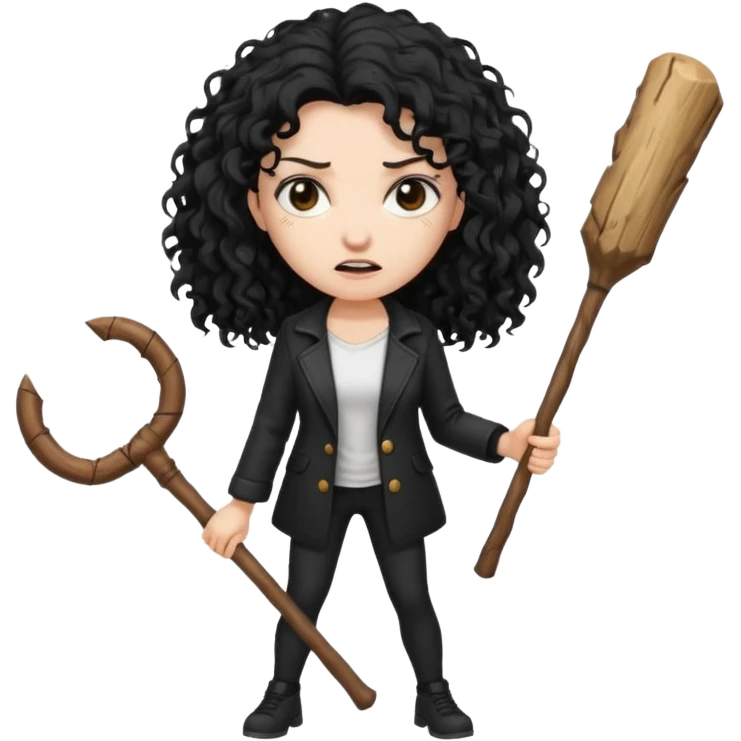 Hey, please generate me an emoji that depicts a woman white skin long black curly disheveled hair slightly thicker, she is wearing a white T-shirt and a black unbuttoned jacket she is furious she is holding a large stick emoji