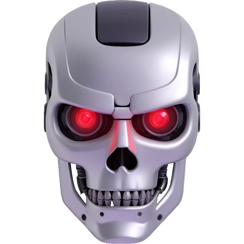 terminator robot head, metallic, red eyes emoji
