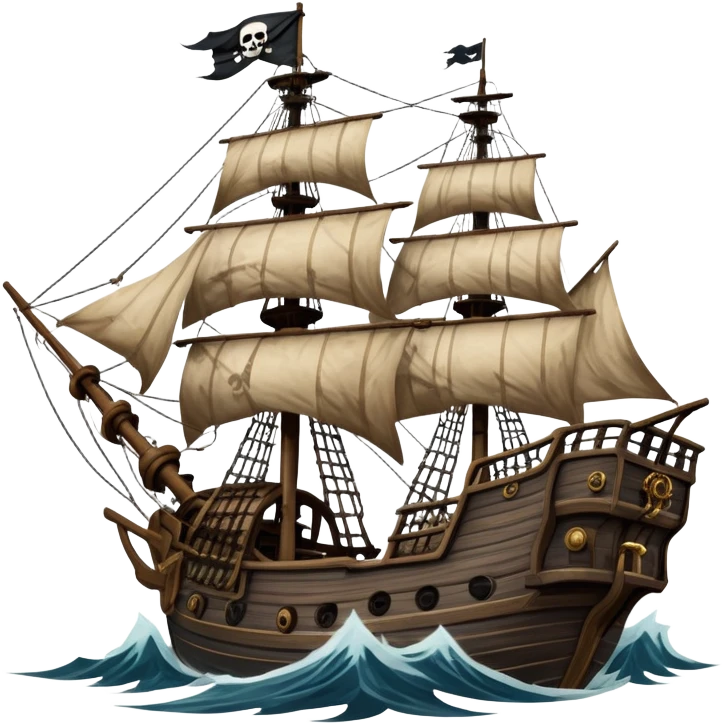 An icon representing an adventure game, inspired by high-seas exploration. The design features a fearless pirate gripping the wheel of a grand sailing ship, its tattered Jolly Roger flag billowing as it cuts through stormy waters. The scene evokes danger, treasure, and the thrill of the open sea. Transparent background. emoji